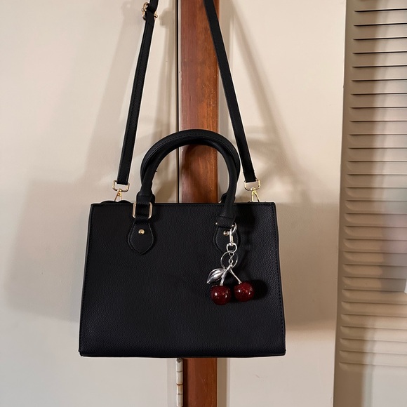 Handbags - Elegant Black Handbag with Cherry Charm-Vegan Leather